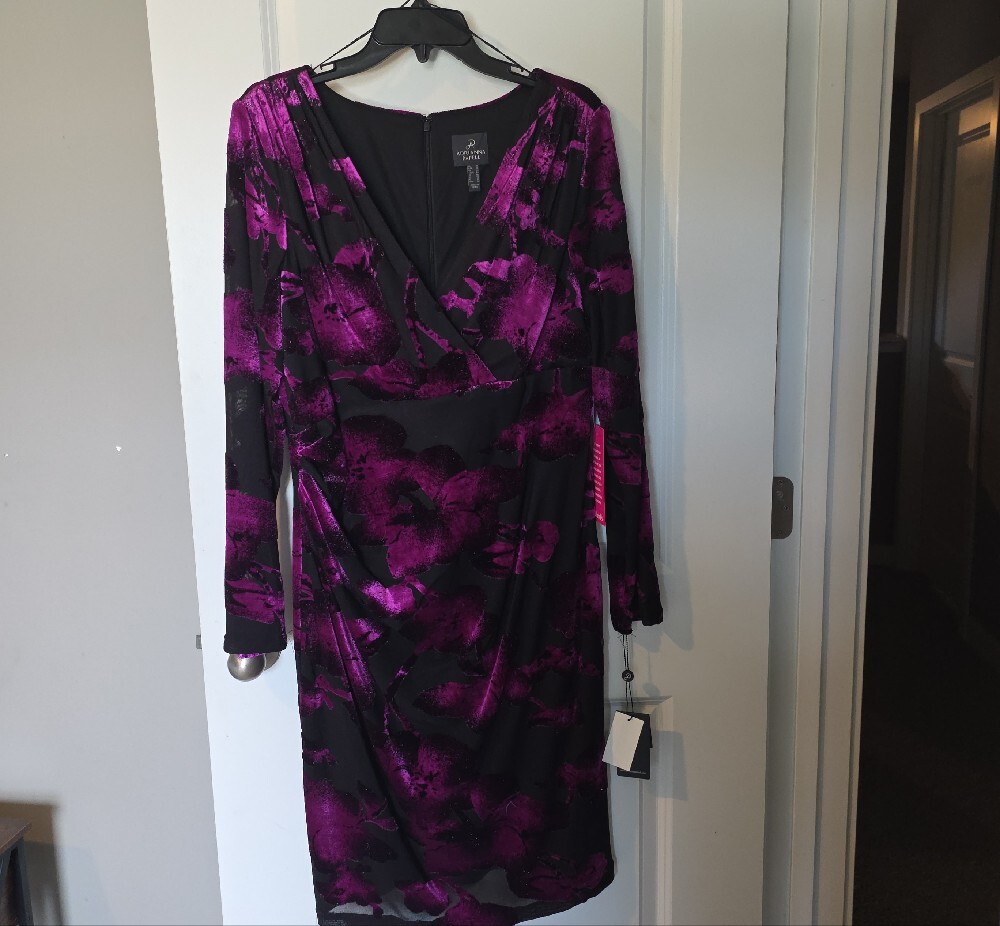 Adrianna Papell Black and Purple Floral Wrap-Style Long Sleeve Dress - Picture 4 of 13